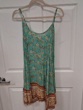 Umgee Turquoise Floral Slip Dress with Brown Accent
